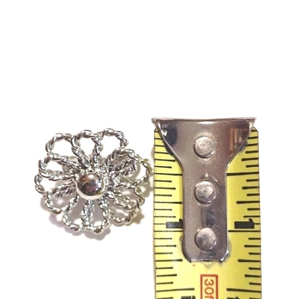 CORO VINTAGE DOUBLE LAYERED FLORAL SILVER-TONE DROP CLIP-ON 1" EARRINGS - Picture 8 of 10